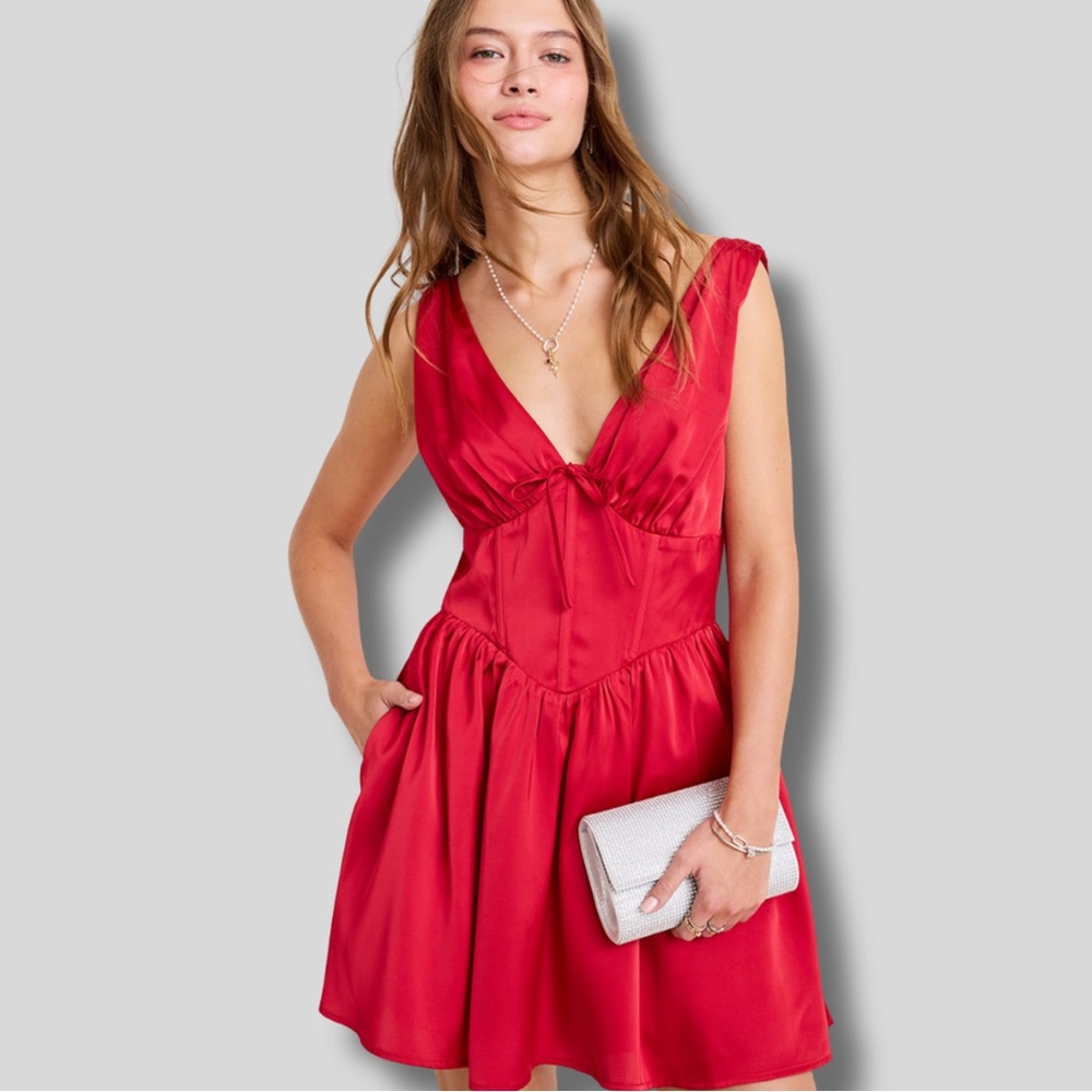 NWT Francesca's Collections Helena Red Satin Corset V-Neck Mini Dress